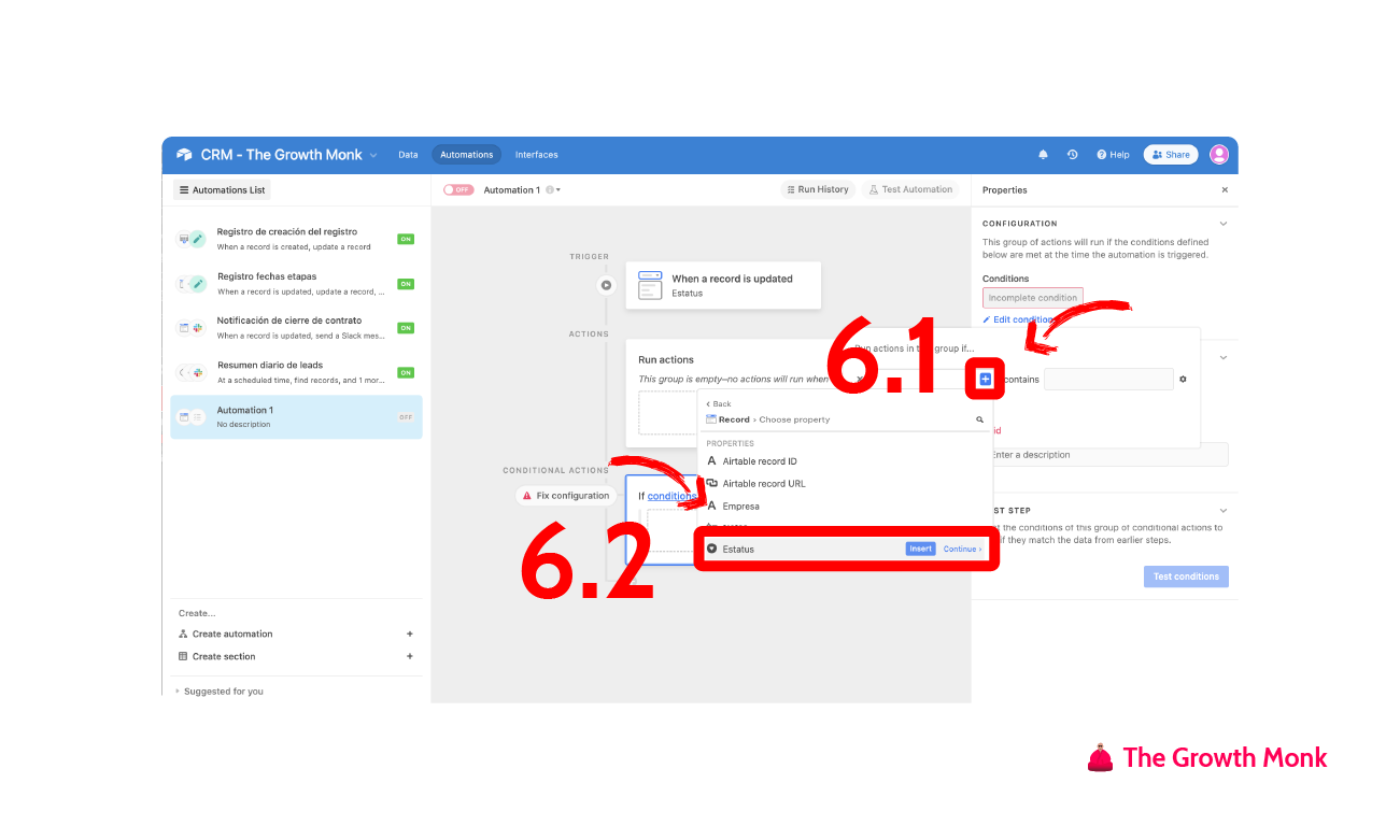 Automatizar el registro de los cambios de estatus en airtable paso 6.1 y 6.2