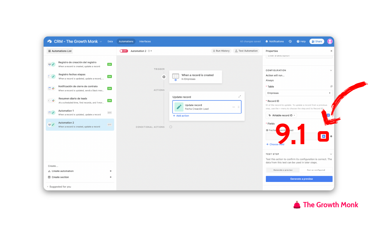 Automatizar el registro de la fecha de creación en airtable paso 9.1