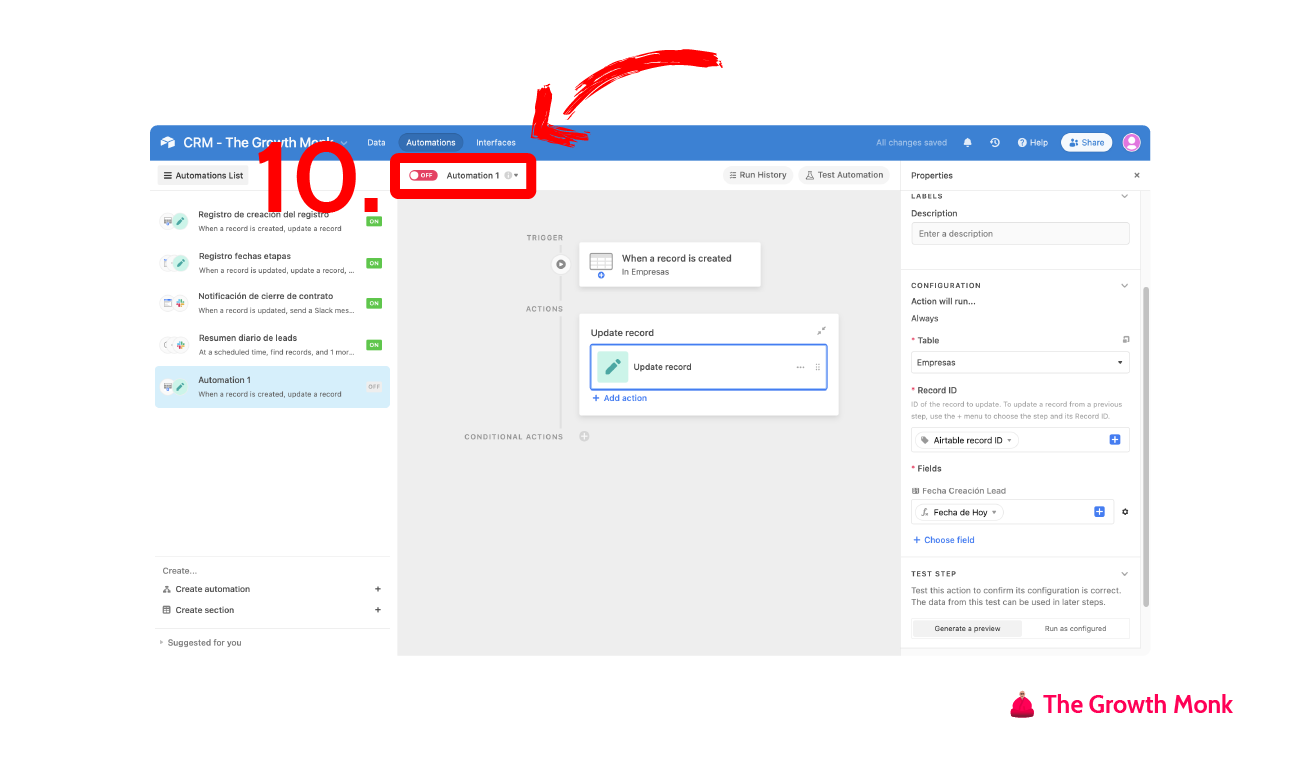 Automatizar el registro de la fecha de creación en airtable paso 10