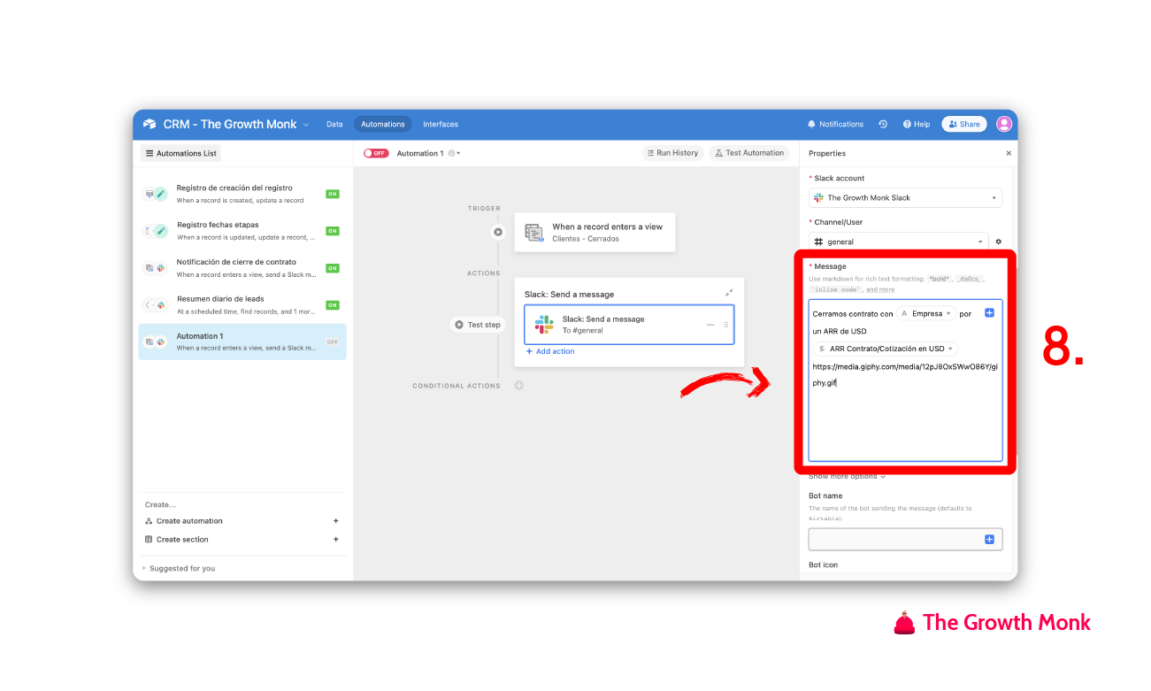 Automatizar mensajes de slack cuando se cierra un cliente paso 8