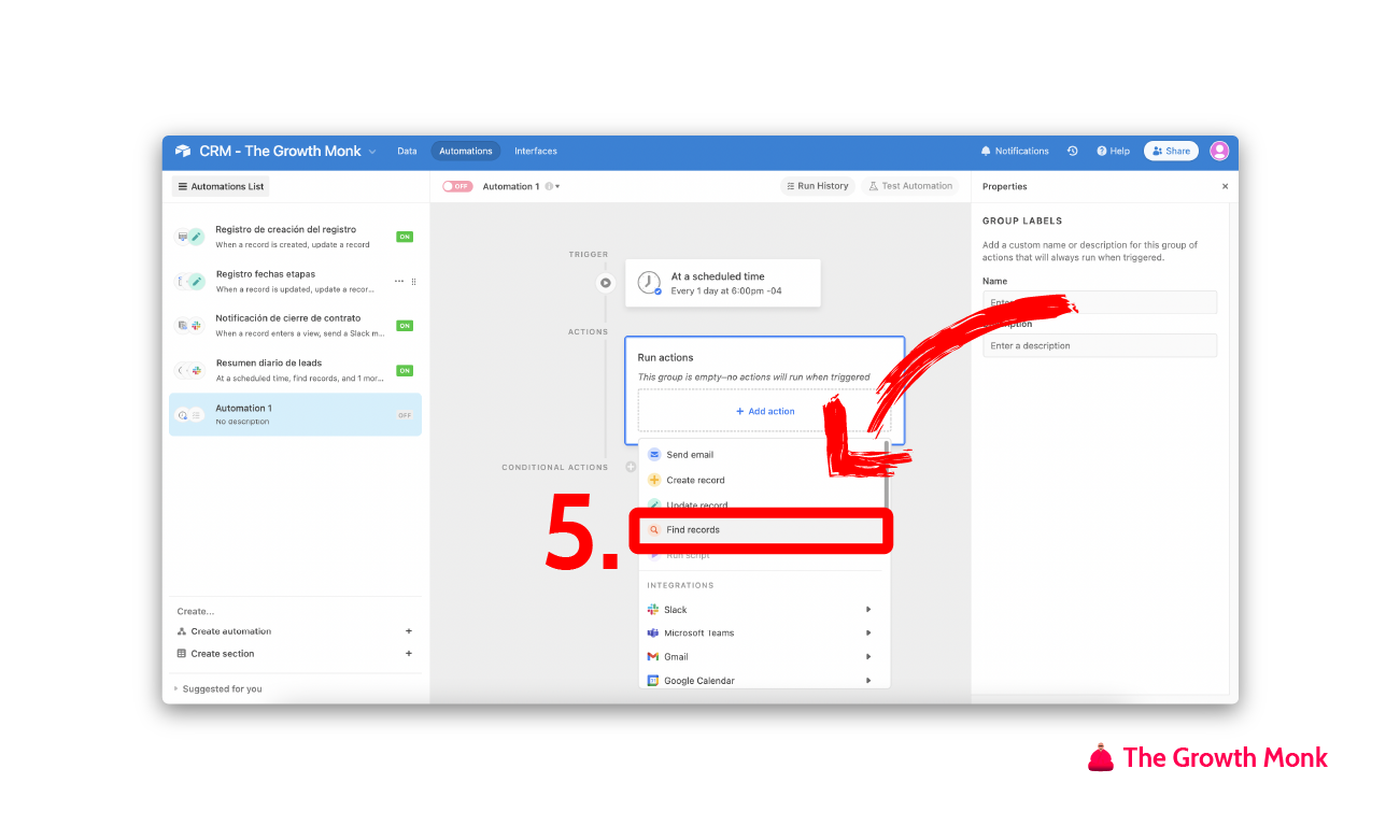 Automatizar mensajes de slack con los leads del día paso 5