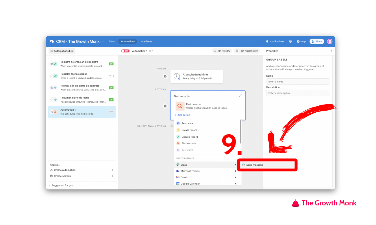Automatizar mensajes de slack con los leads del día paso 9