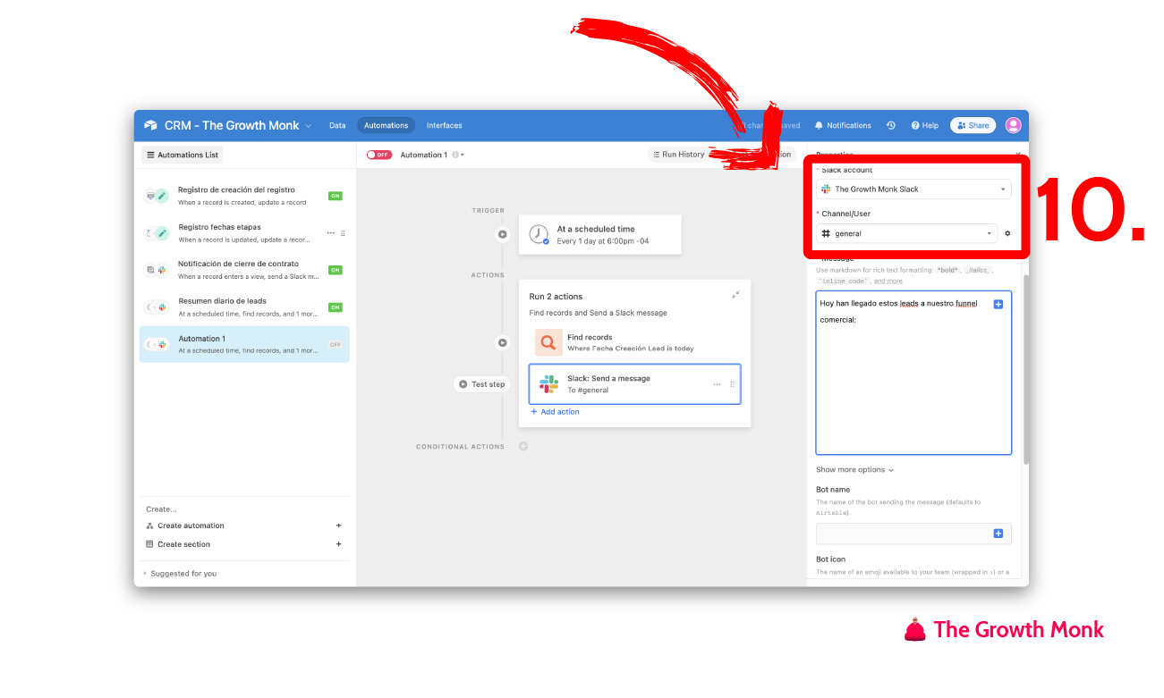Automatizar mensajes de slack con los leads del día paso 10