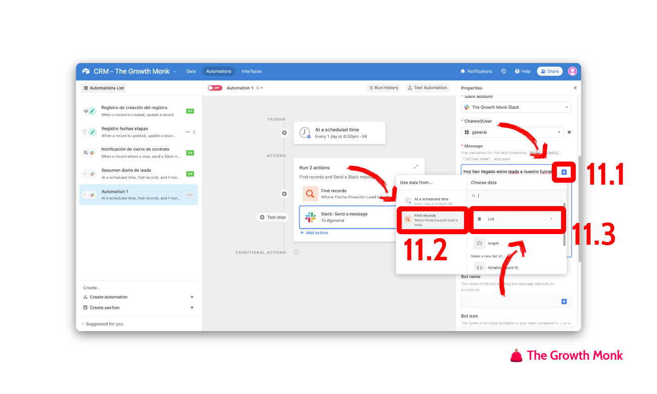 Automatizar mensajes de slack con los leads del día paso 11
