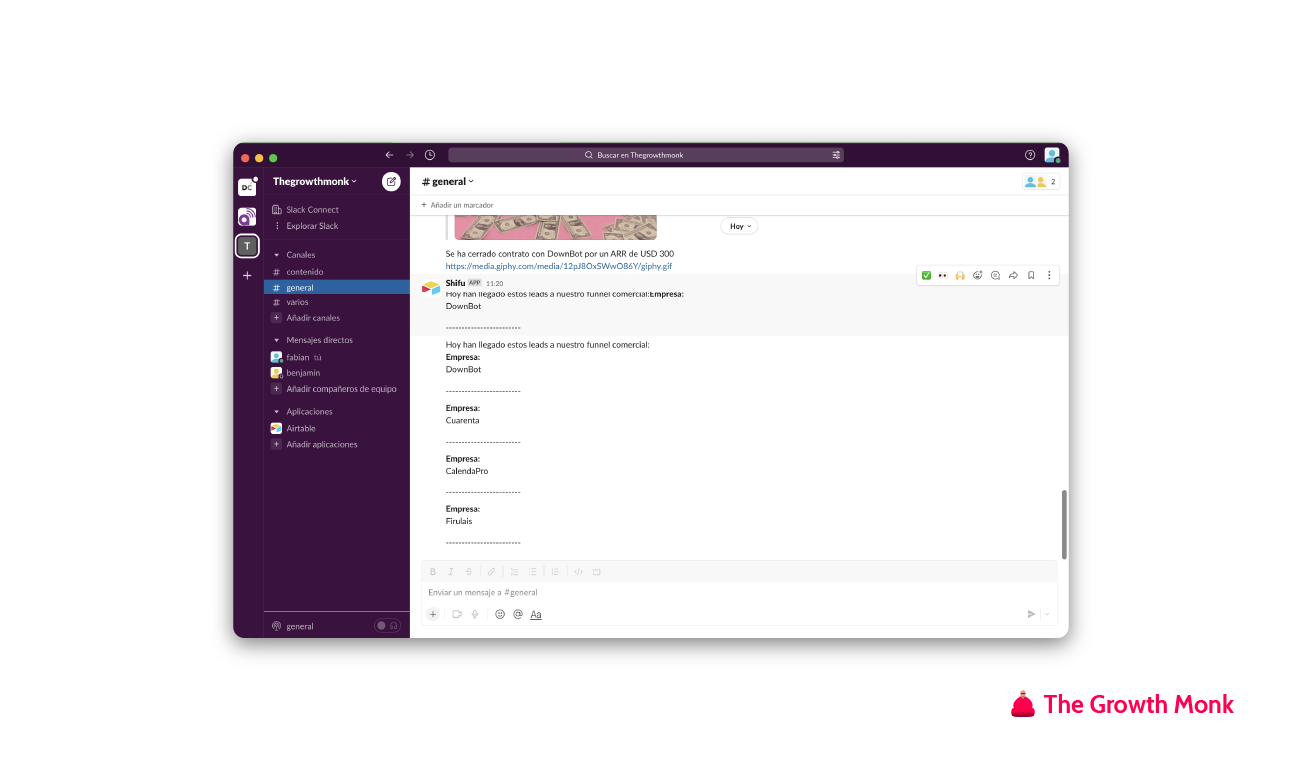 Resultado de automatizar el recuento de los leads del día desde airtable a slack