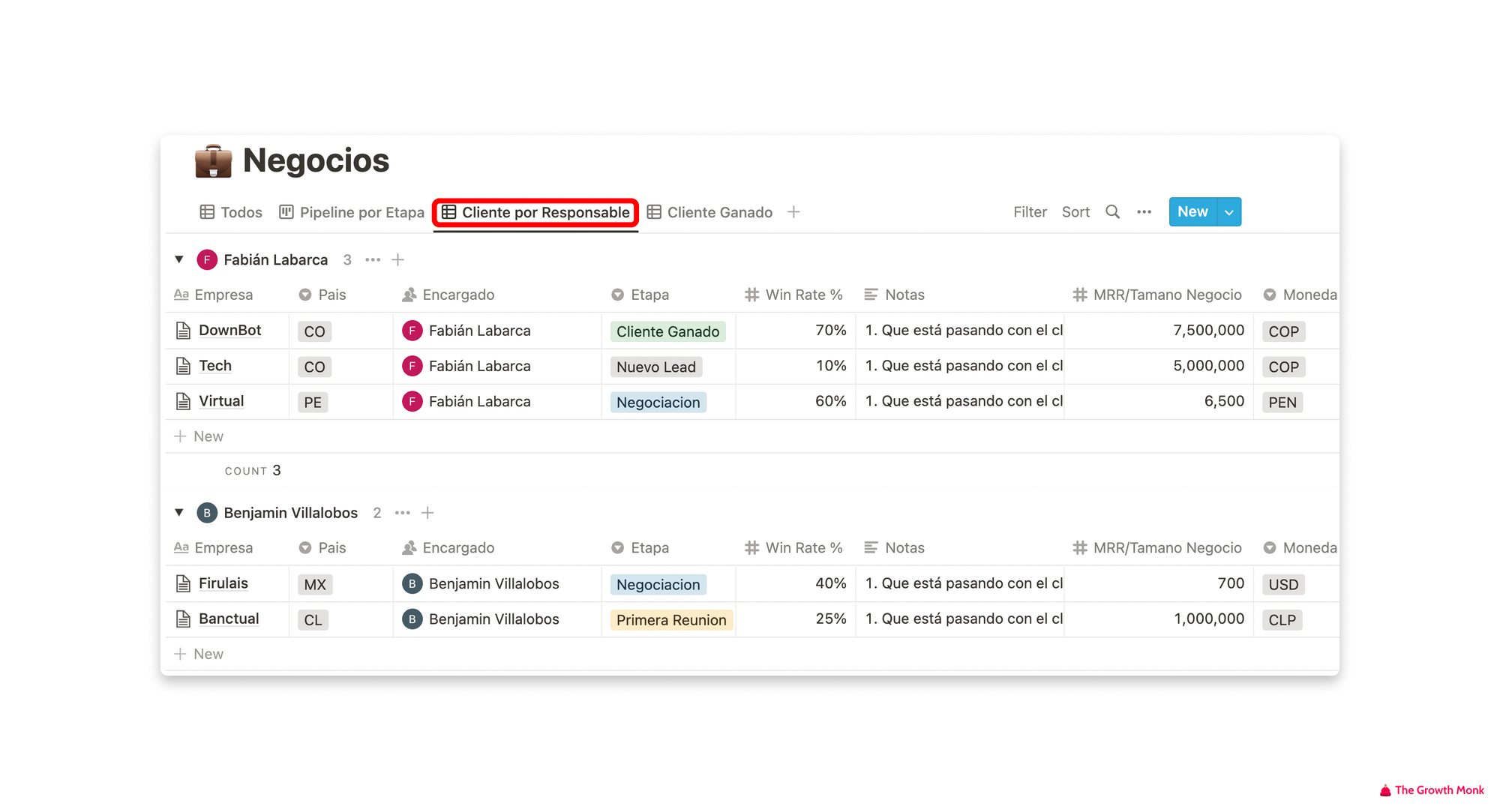 The Growth Monk - Implementa tu CRM con Notion (Vista Cliente por Responsable)