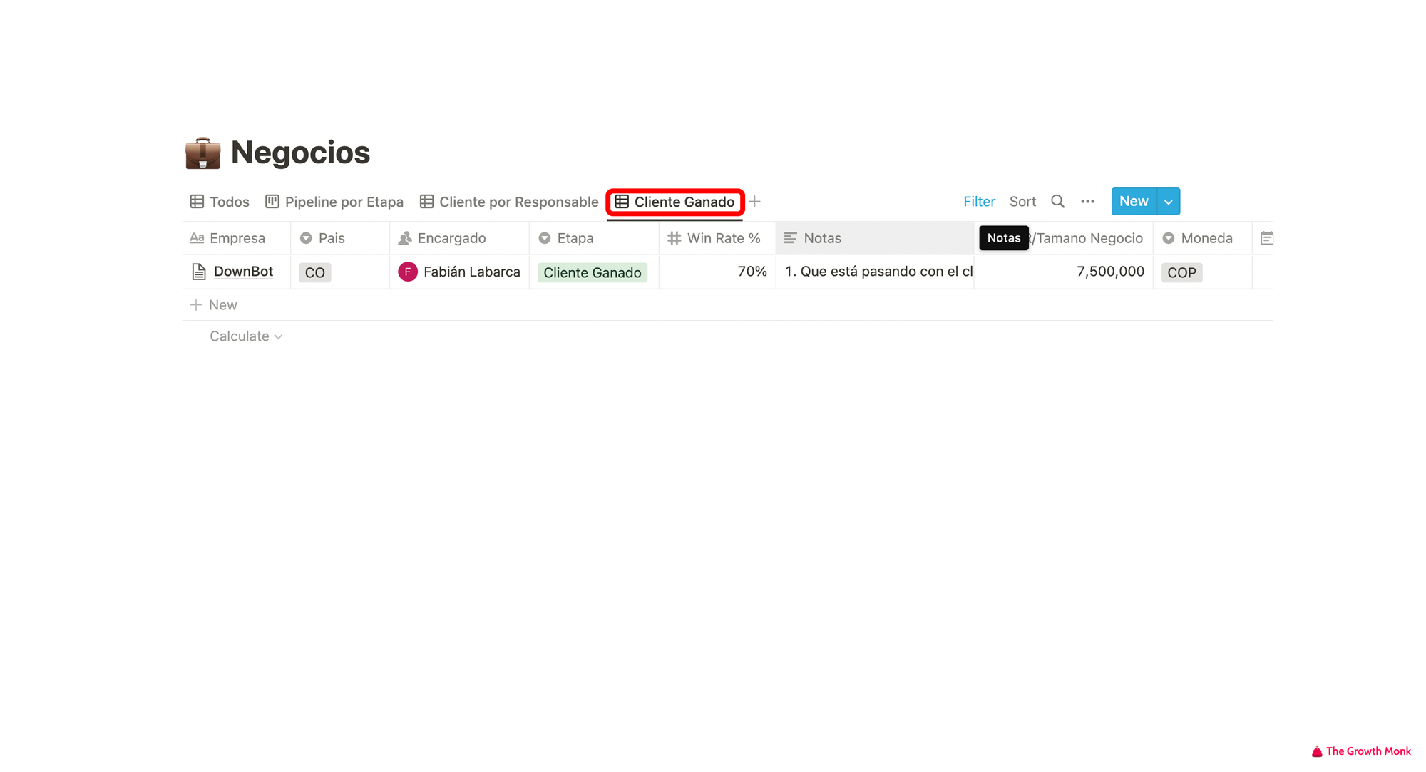 The Growth Monk - Implementa tu CRM con Notion (Vista Cliente Ganado)